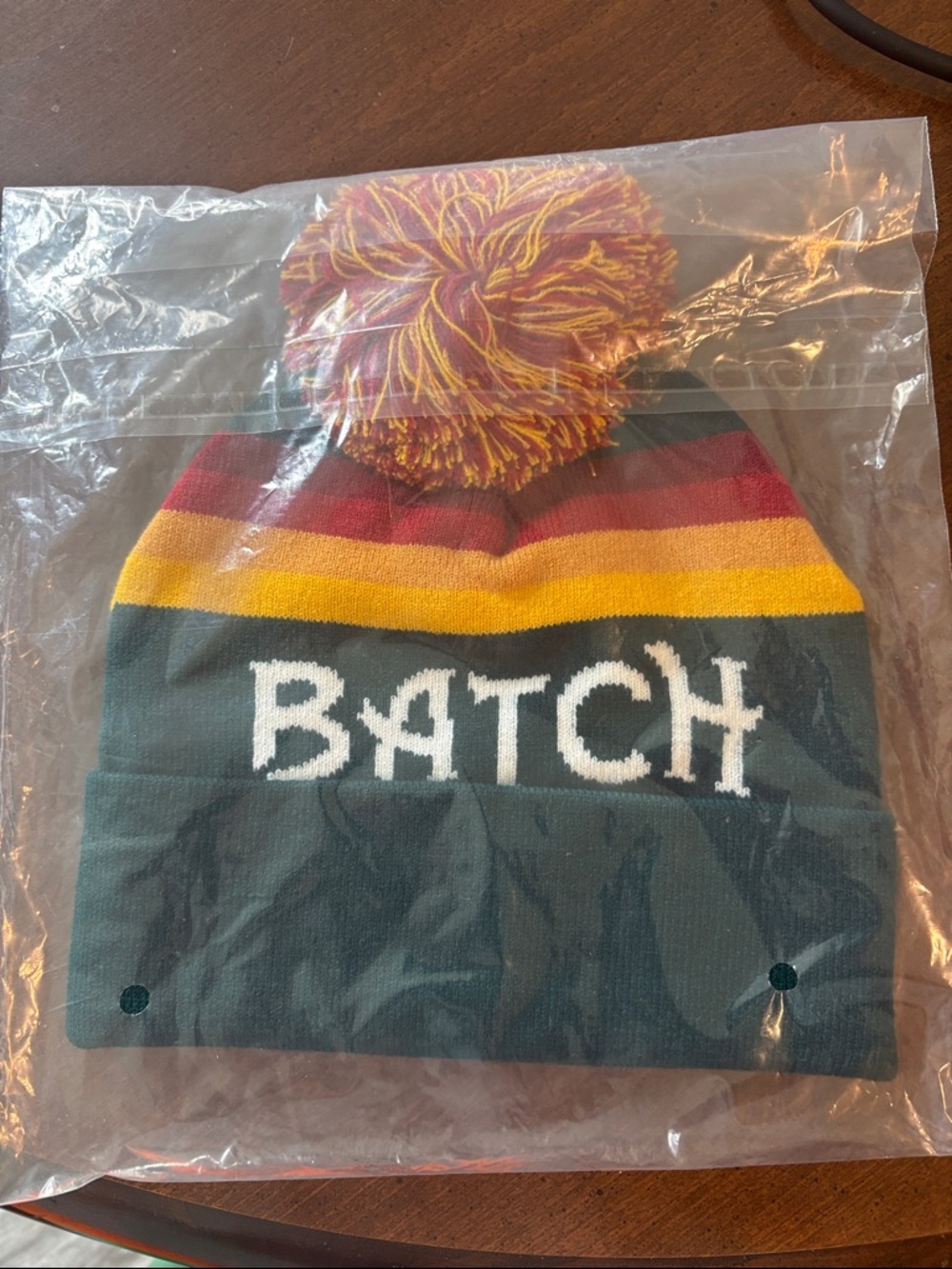 Batch Pom Pom Beanie - Green, Yellow & Burgundy